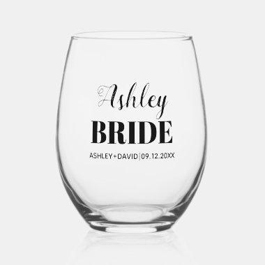 Bride name black typography wedding stemless wine glass