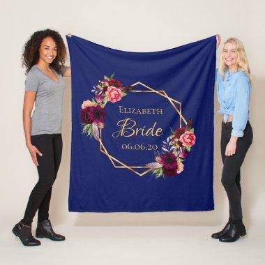 Bride navy blue florals geometric gold fleece blanket