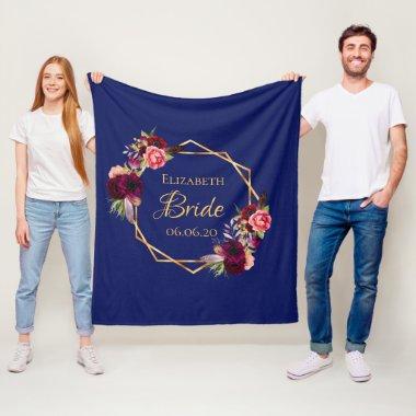 Bride navy blue florals geometric gold fleece blanket