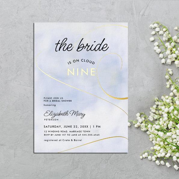 Bride on Cloud 9 Pastel Blue Gold Bridal Shower Foil Invitations