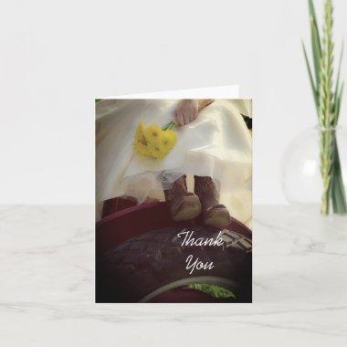 Bride on Red Tractor Farm Wedding Thank You Note