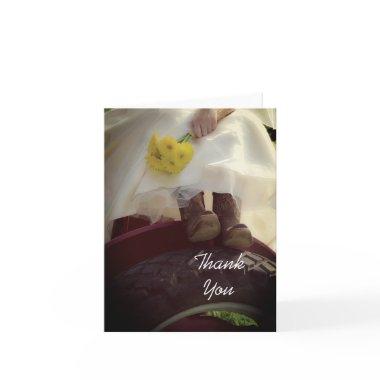 Bride on Red Tractor Farm Wedding Thank You Note