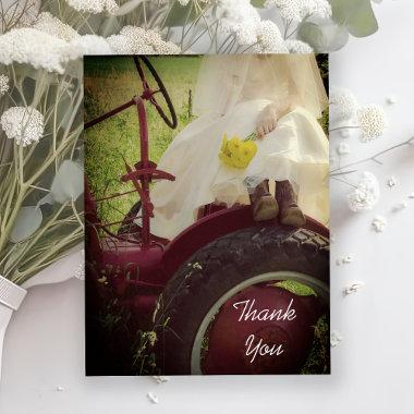 Bride on Tractor Country Farm Wedding Thank You PostInvitations