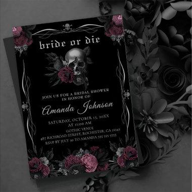 Bride or Die Burgundy Gothic Skull Bachelorette Invitations