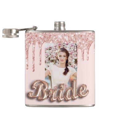 Bride rose gold blush glitter glam photo flask