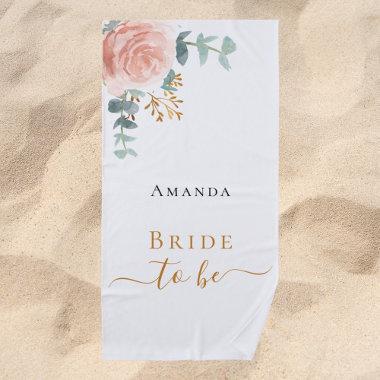 Bride rose gold floral eucalyptus bachelorette beach towel