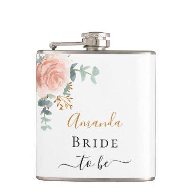 Bride rose gold floral eucalyptus bachelorette flask