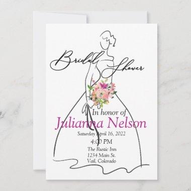 Bride silhouette and Pink floral bridal shower Invitations