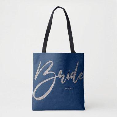 Bride Silver Glitter & Navy Princess Calligraphy Tote Bag