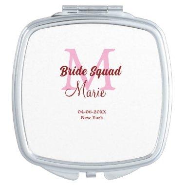 Bride squad add name monogram bridesmaid pink date compact mirror