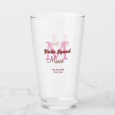 Bride squad add name monogram bridesmaid pink date glass