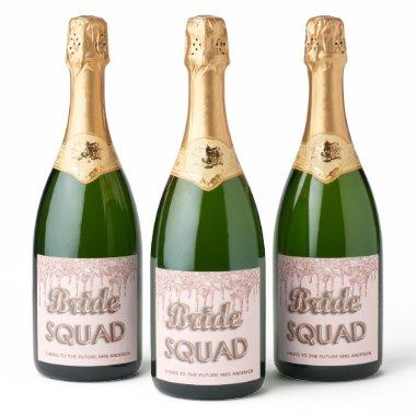 Bride squad rose gold pink glitter bachelotette sparkling wine label