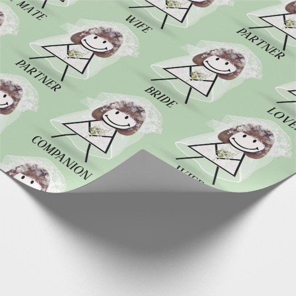 Bride Stick Girl with Bridal Text on Green Wrapping Paper