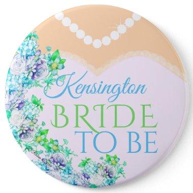 Bride To Be Blue and Green Watercolor Flowers Button