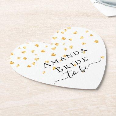 Bride to be gold hearts sprinkle name paper coaster