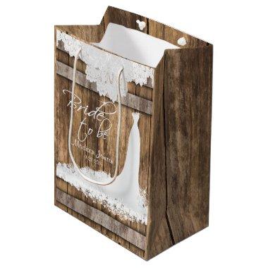 Bride to Be - Rustic Wood and White Lace Design Medium Gift Bag