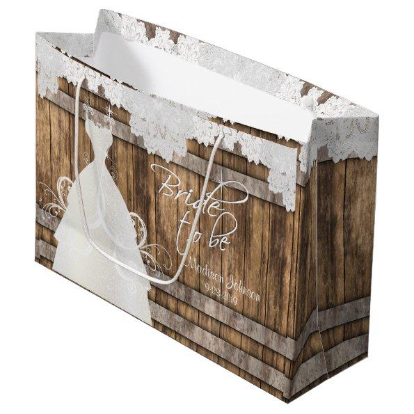Bride to Be - Rustic Wood Barrel and Lace Design Large Gift Bag
