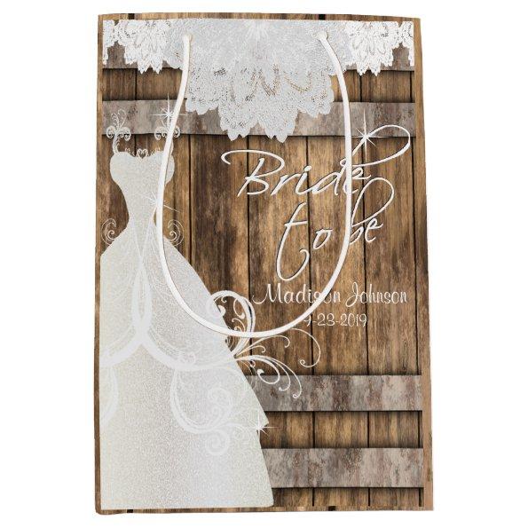 Bride to Be - Rustic Wood Barrel and Lace Design Medium Gift Bag