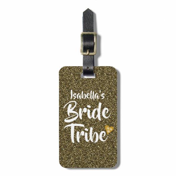 Bride Tribe Gold Date Heart Personalised Glitter Luggage Tag