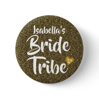 Bride Tribe Gold Date Heart Personalized Glitter Button