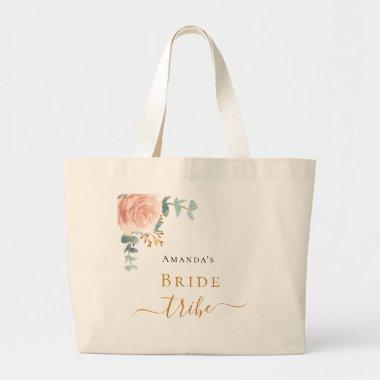 Bride tribe rose gold floral eucalyptus greenery large tote bag