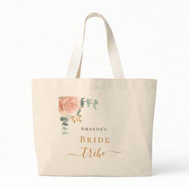 Bride tribe rose gold floral eucalyptus greenery large tote bag