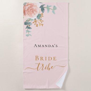 Bride tribe rose gold floral eucalyptus pink beach towel