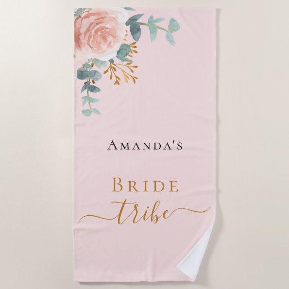 Bride tribe rose gold floral eucalyptus pink beach towel