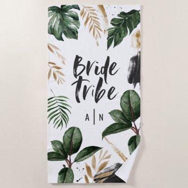 Bride tribe tropical leaf and typography beach towel