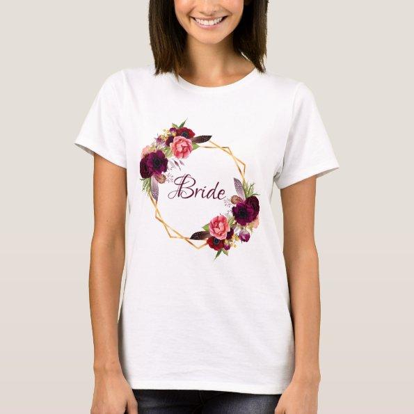 Bride white floral gold geometric wedding name T-Shirt