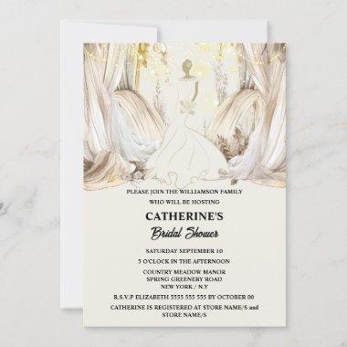Bride white wedding dress string lights drapes Invitations
