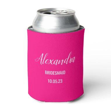 bridesmaid bachelorette name & date hot pink can cooler