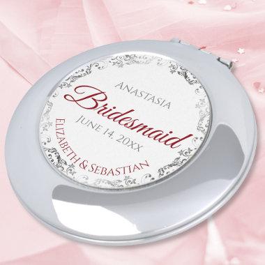 Bridesmaid Gift Elegant Crimson Red & Silver Lace Compact Mirror