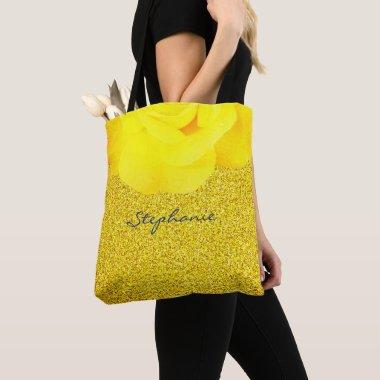 Bridesmaid Gift Yellow Floral Gold Glitter Wedding Tote Bag