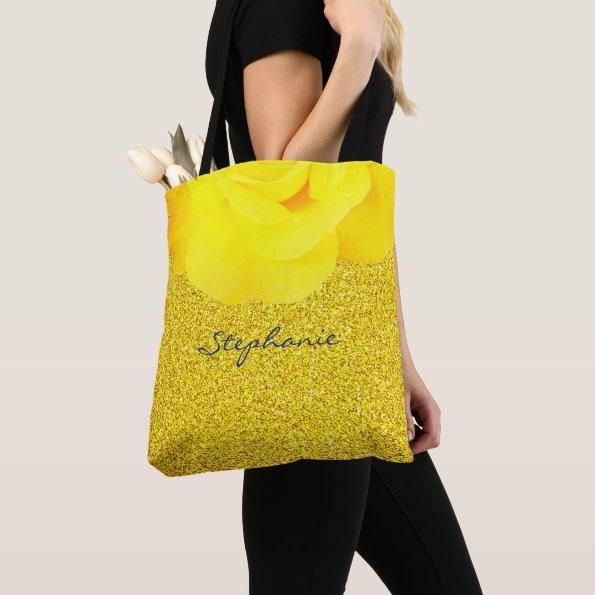 Bridesmaid Gift Yellow Floral Gold Glitter Wedding Tote Bag