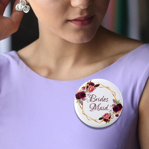 Bridesmaid watercolored florals burgundy gold button