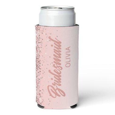 Bridesmaid Wedding Rose Gold Glitter Script Seltzer Can Cooler