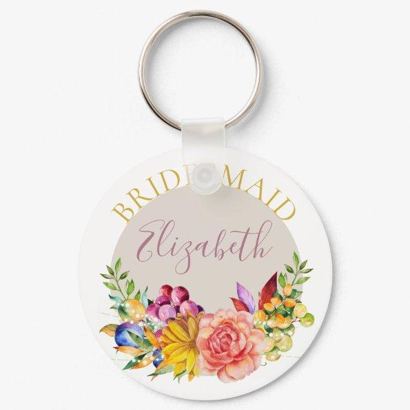 Bridesmaid with Name Floral Bouquet Keychain