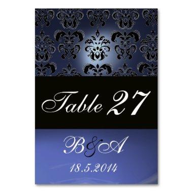 BRIGHT BLUE BLACK WHITE CLASSY DAMASK MONOGRAM TABLE NUMBER