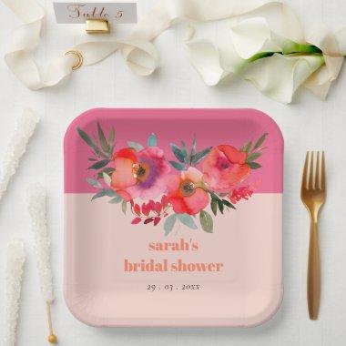 Bright Boho Hot Pink Orange Floral Bridal Shower Paper Plates