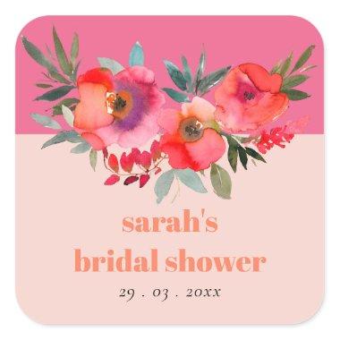 Bright Boho Hot Pink Orange Floral Bridal Shower Square Sticker