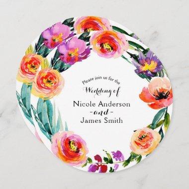 Bright Bold Floral Wreath Watercolor Wedding Invitations