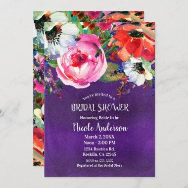 Bright Bold Watercolor Floral Purple Bridal Shower Invitations