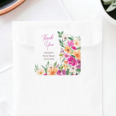 Bright bold wild flowers script bridal shower square sticker