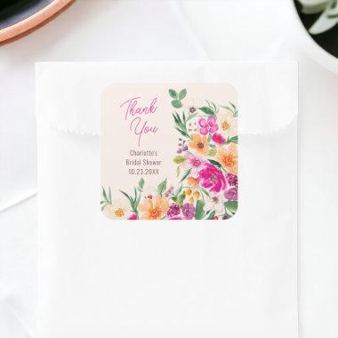 Bright bold wild flowers script bridal shower square sticker