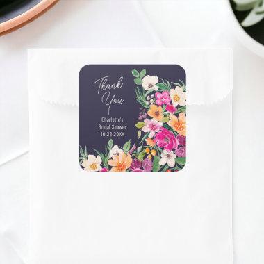 Bright bold wild flowers script bridal shower square sticker