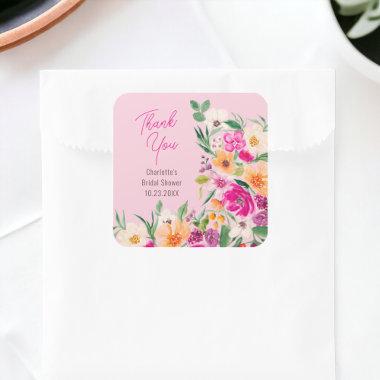 Bright bold wild flowers script bridal shower square sticker