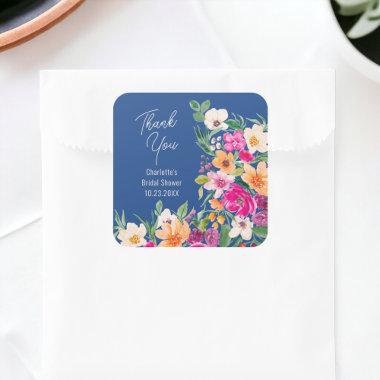 Bright bold wild flowers script bridal shower square sticker