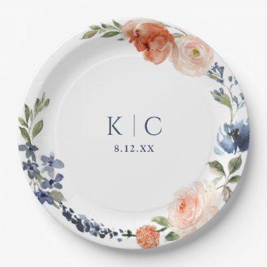 Bright Bridal Shower Orange Dusty Blue Peony Paper Plates