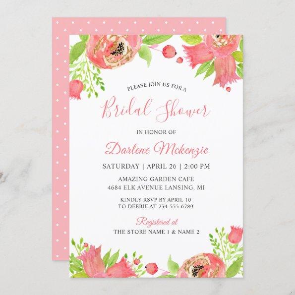 Bright Coral Pink Floral Garden Bridal Shower Invitations